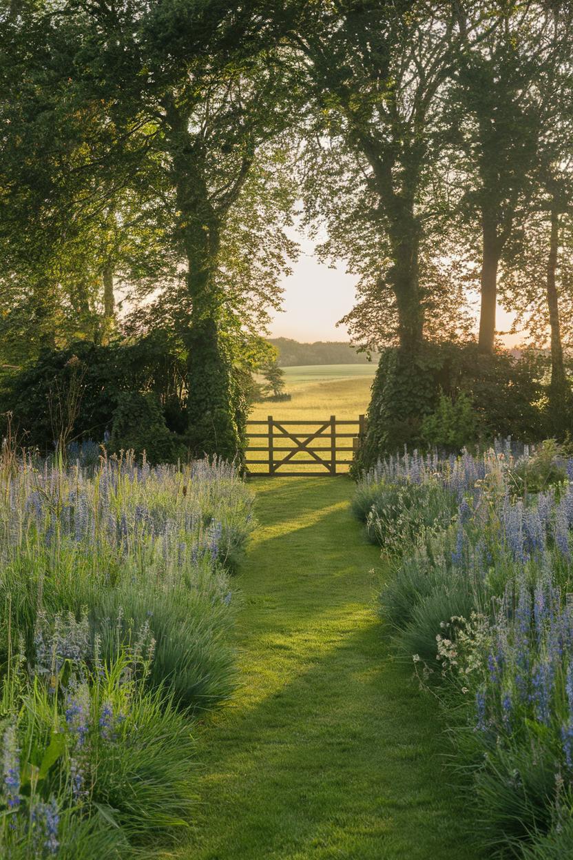 Meadow path leading to a wooden gate