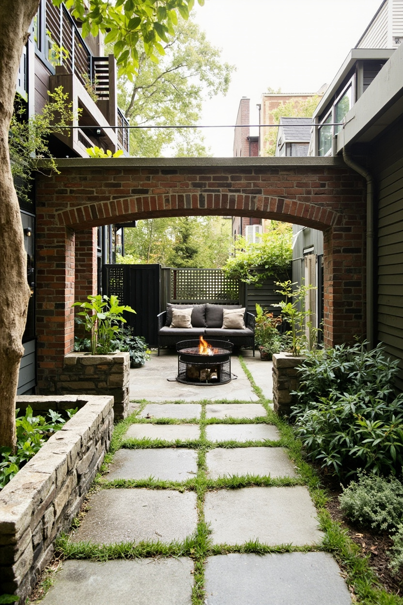 Cozy townhouse garden with a fire pit and seating