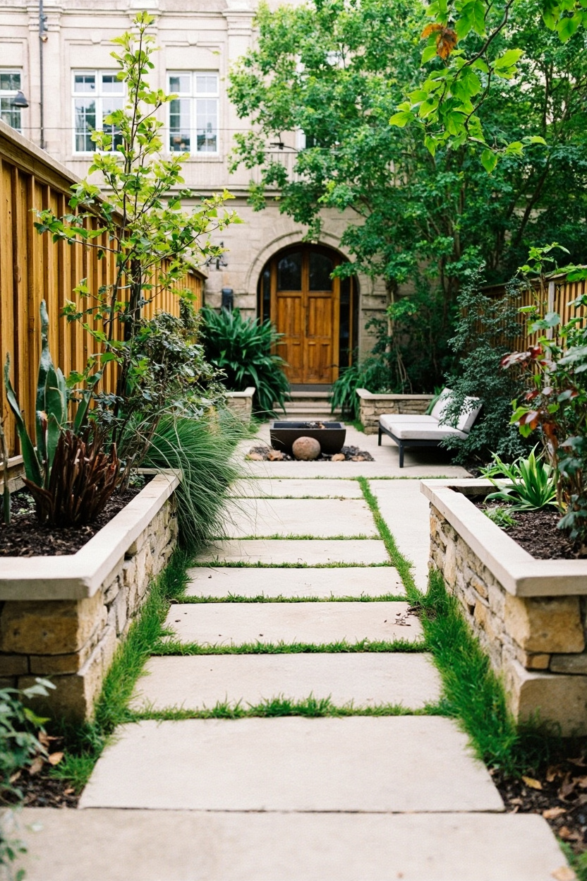 Stone pathway leading to a courtyard with lush greenery