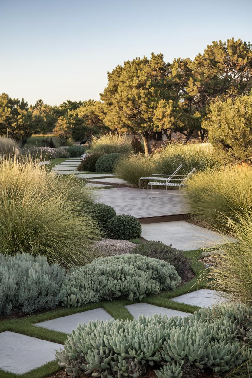 Scenic coastal garden with lush greenery and modern seating