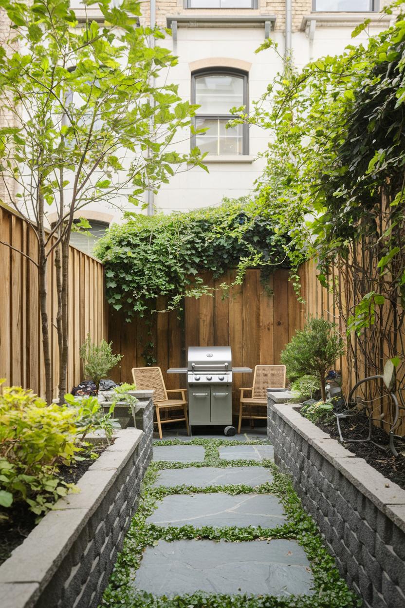 Cozy garden with a grilling area and lush greenery