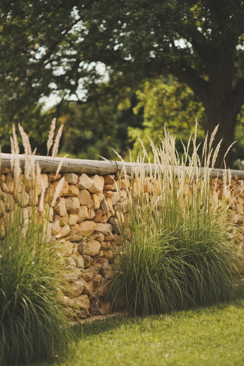 Stone fence bordered by tall grasses