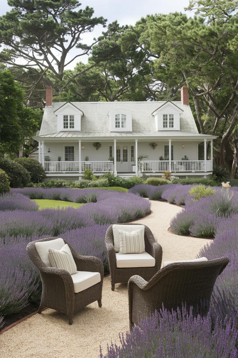 Wicker chairs in a lavender-filled garden