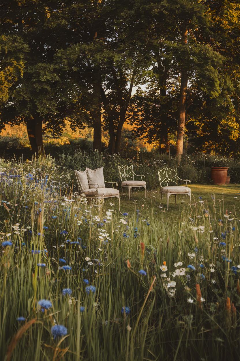 Chairs in a flowering meadow with trees in the background