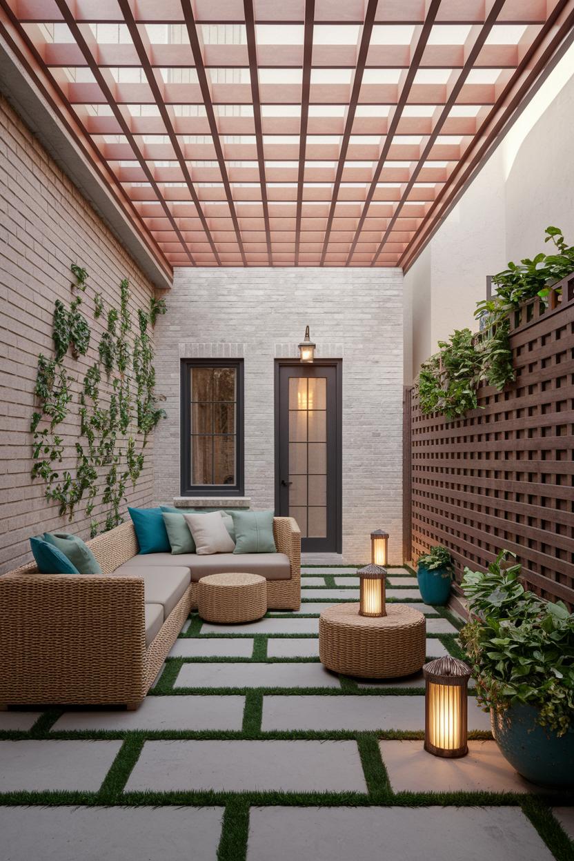 Modern townhouse garden with wicker furniture