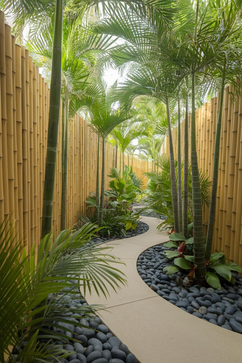 Serene garden pathway lined with bamboo fence and lush plants