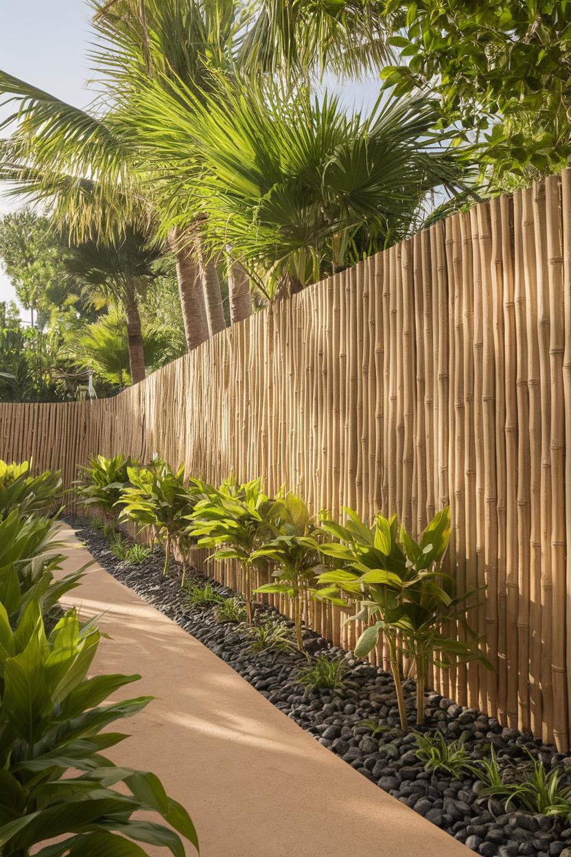 Bamboo fence with lush greenery and pathway