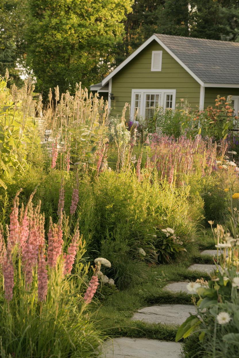 Charming cottage with lush wildflower garden and stone path