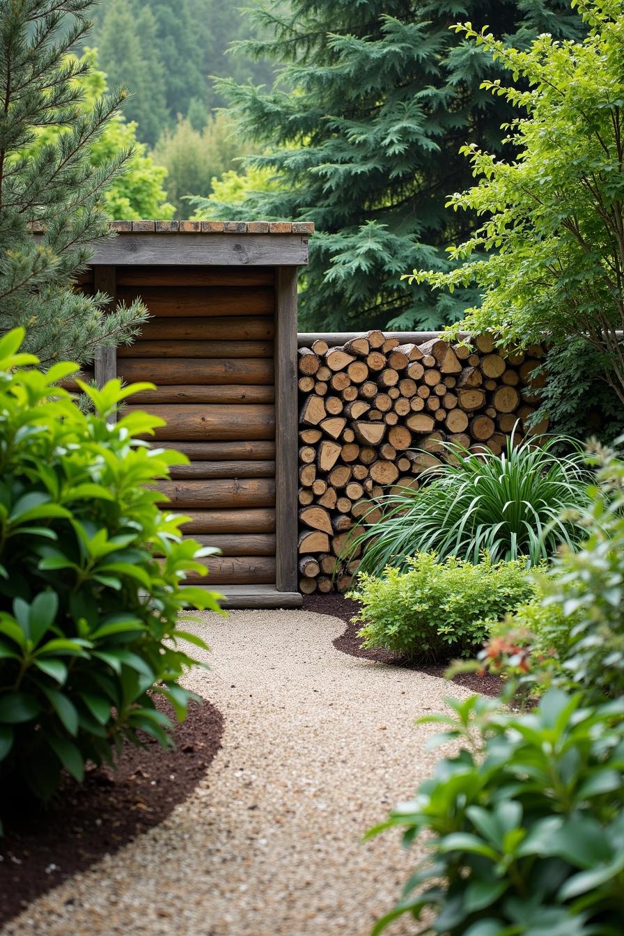 Cozy log entrance surrounded by greenery