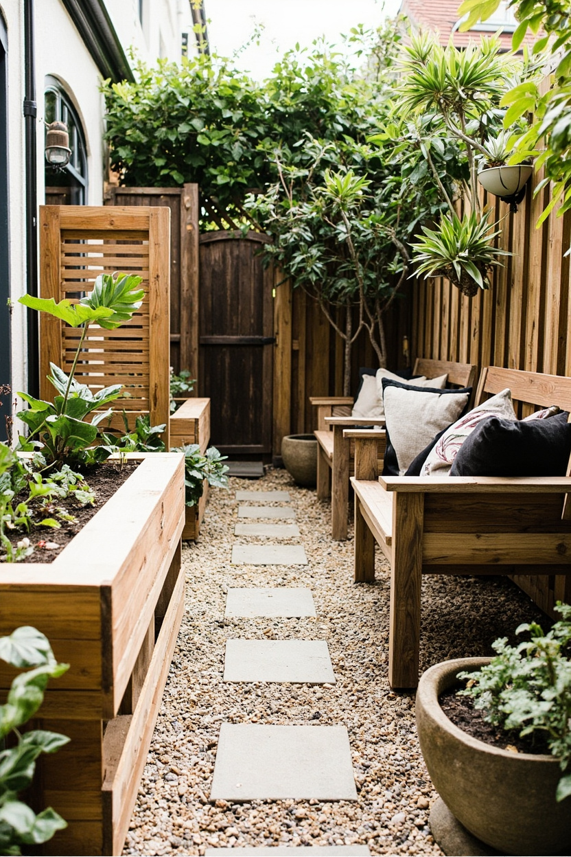 Narrow garden with benches and planters flanking a stepping stone path