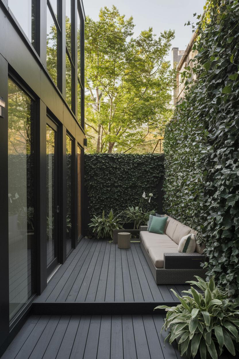 Small townhouse patio with lush greenery and a cozy couch