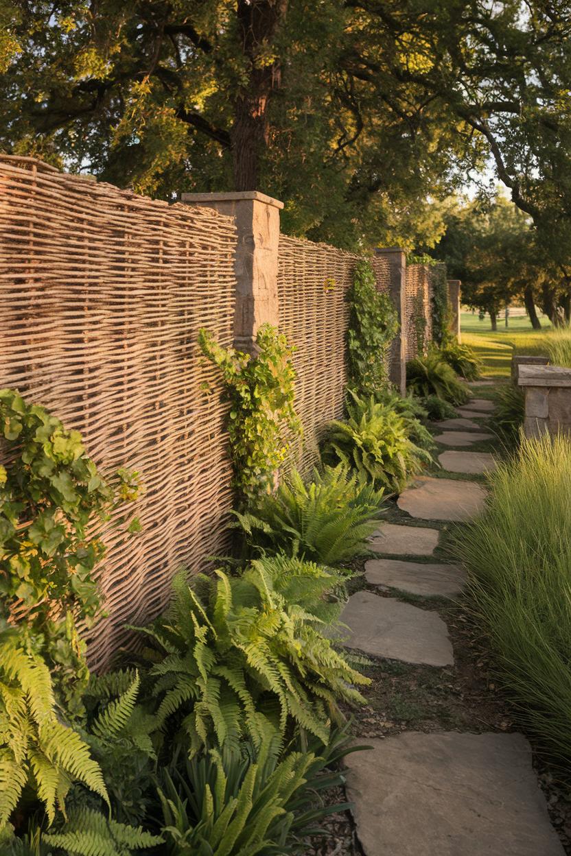 Woven fence with vibrant ferns and stone path