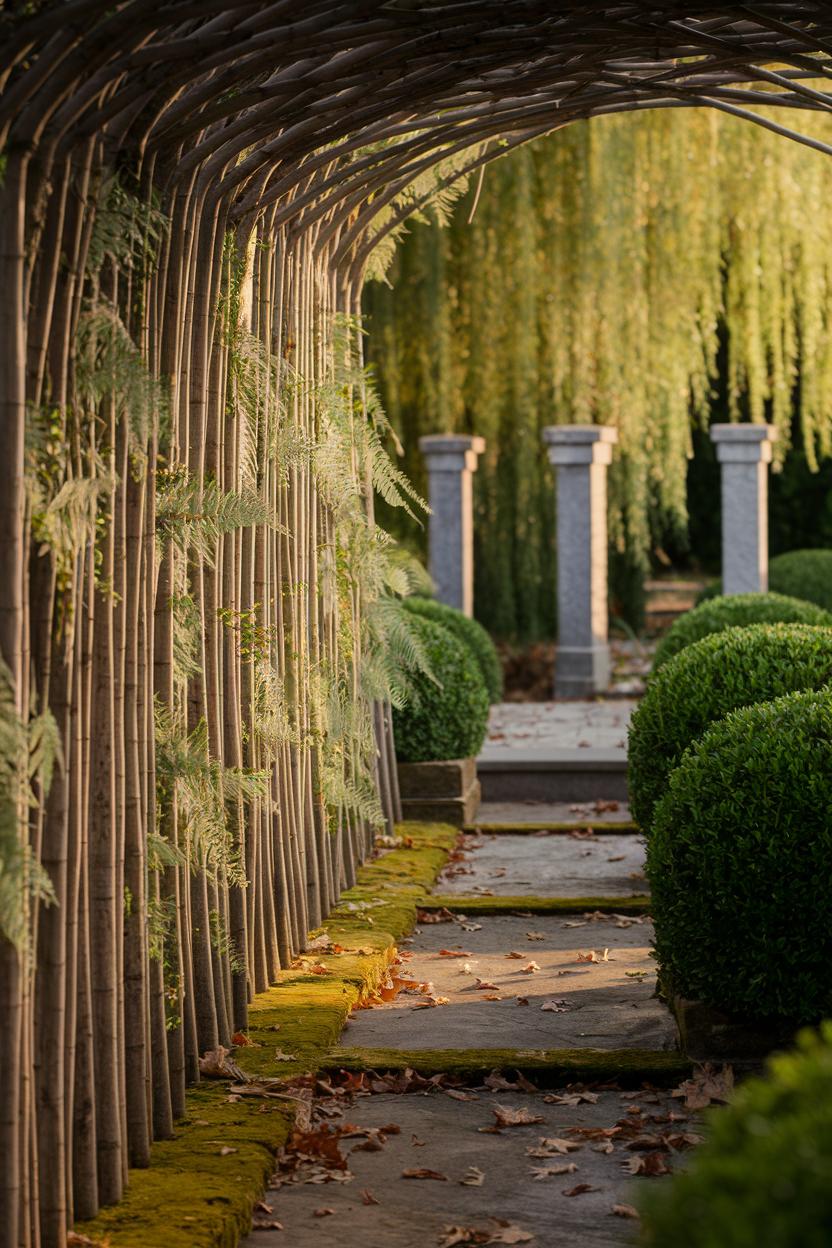 Bamboo-lined path with green foliage and columns