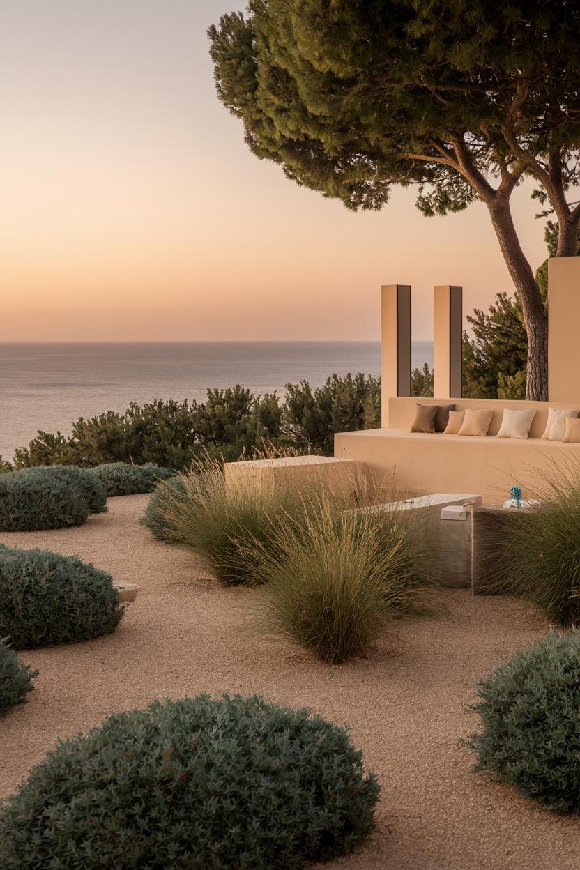 Coastal garden with ocean view and seating area