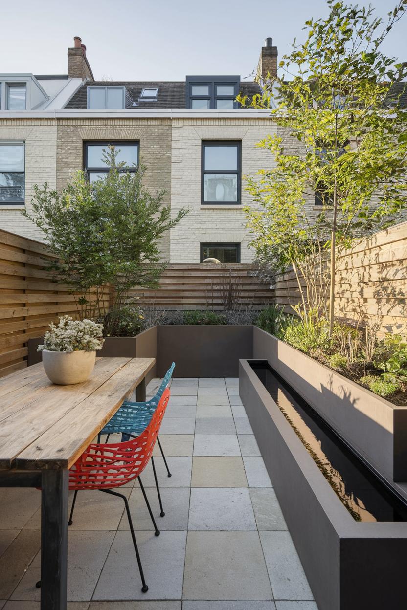 Townhouse garden with vibrant seating and lush greenery