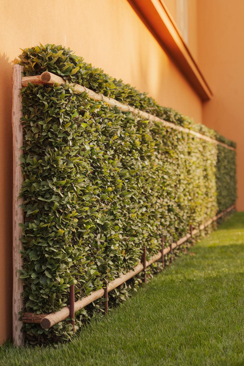 Neatly trimmed hedge with wooden posts