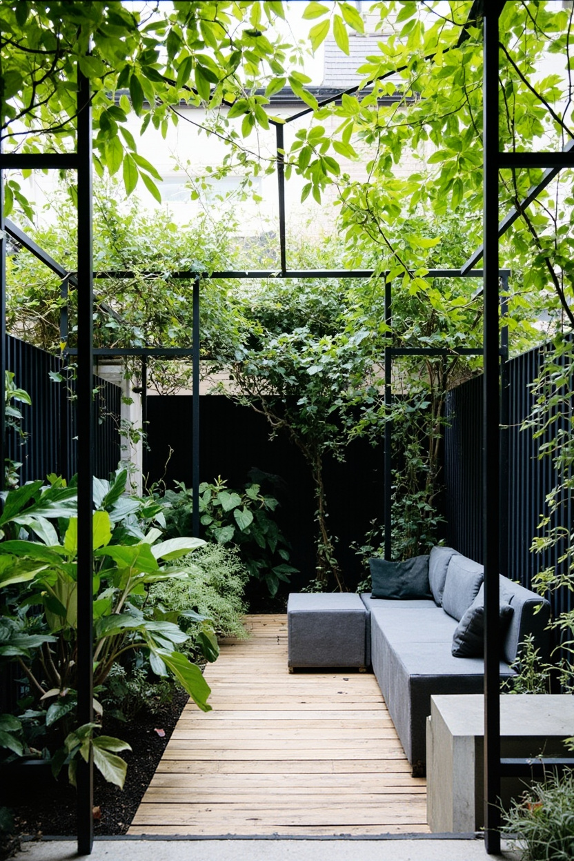 Cozy townhouse garden with lush greenery and wooden deck