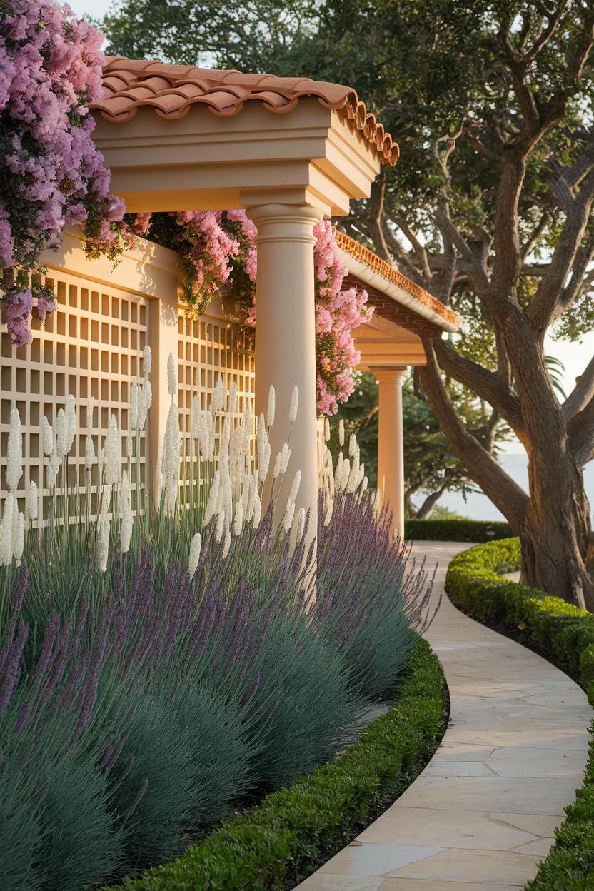 Curved garden path with lush blooms