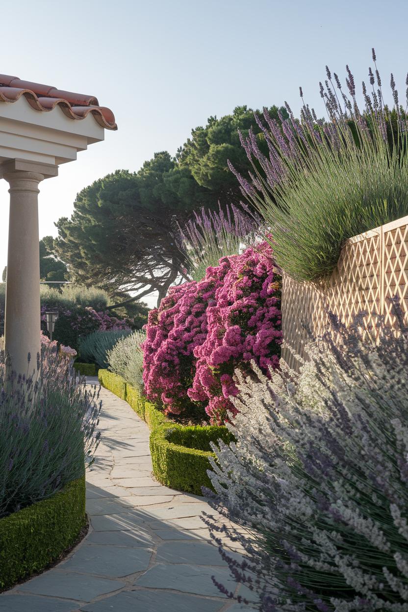 Lush garden pathway with vibrant flowers and shrubs