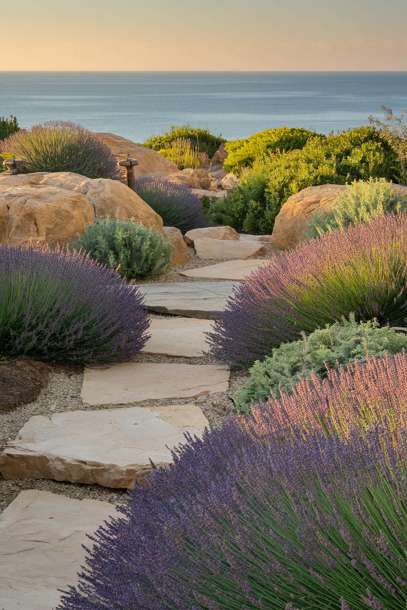 Stone pathway through coastal plants leading to the ocean view