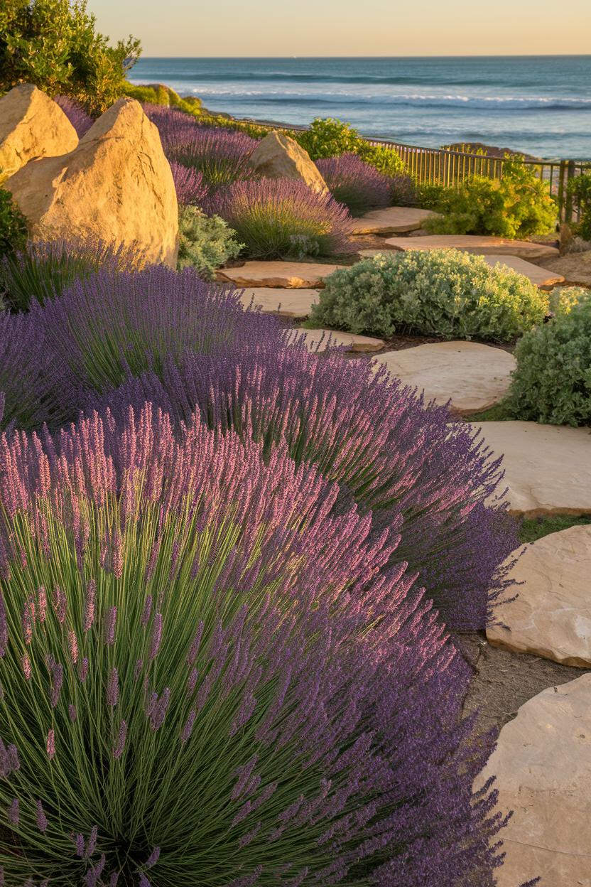 Lavender and boulders by the beach