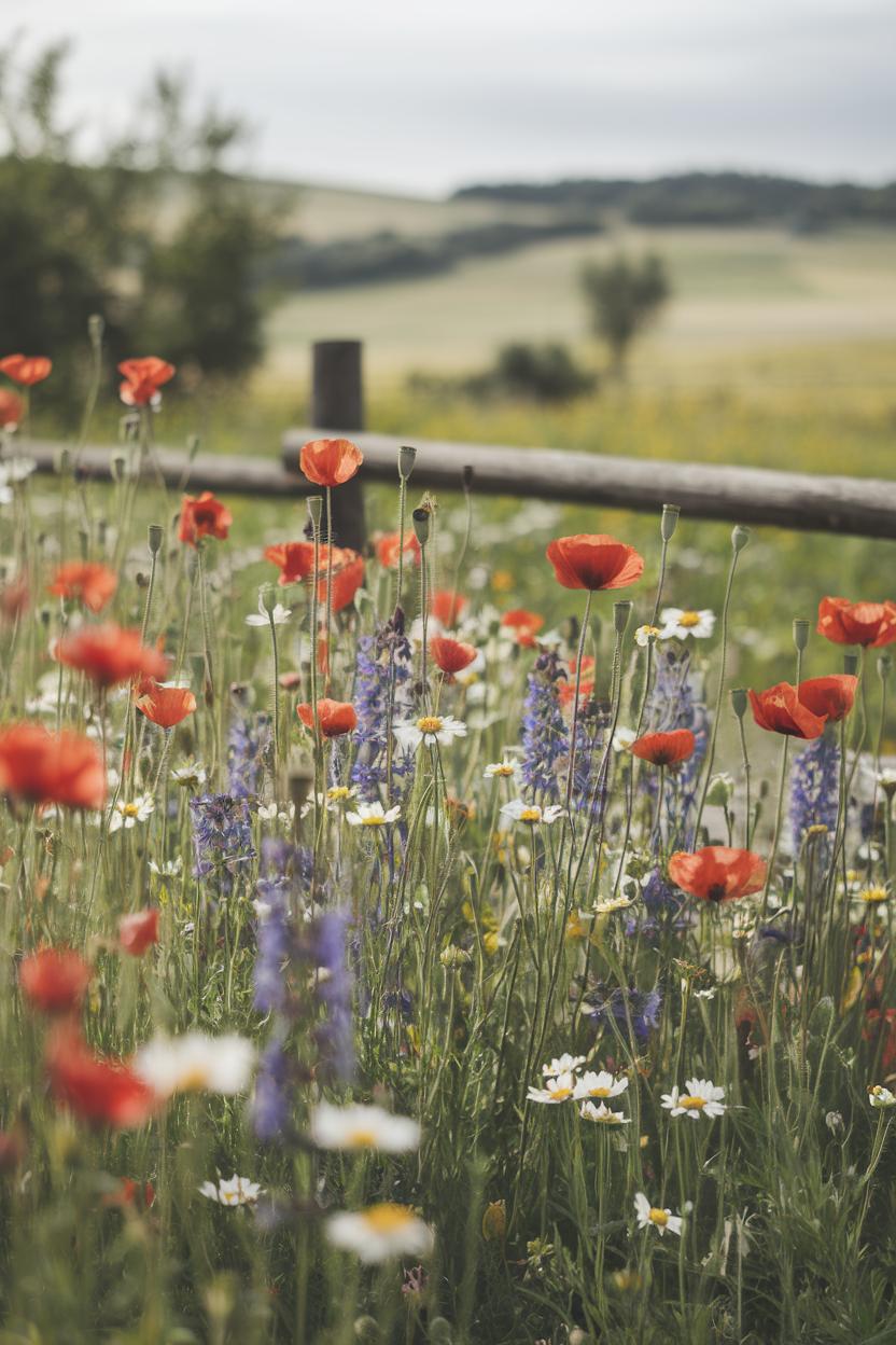 Vibrant wildflowers with a rustic fence in the background