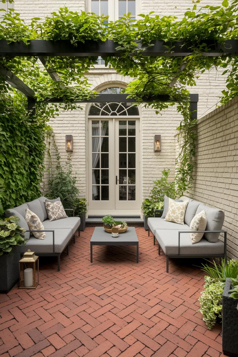 Outdoor seating area with brick flooring and a pergola above