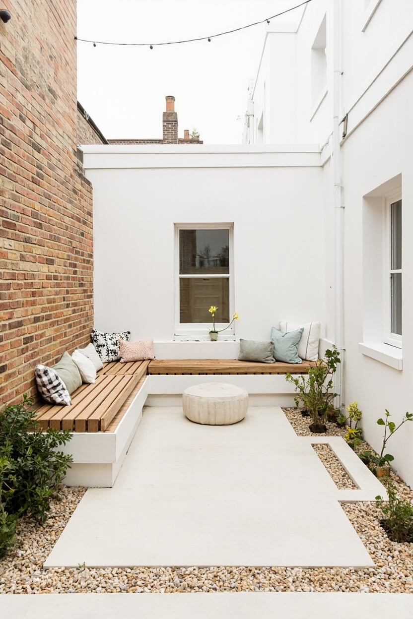 Modern patio with white and wood seating area