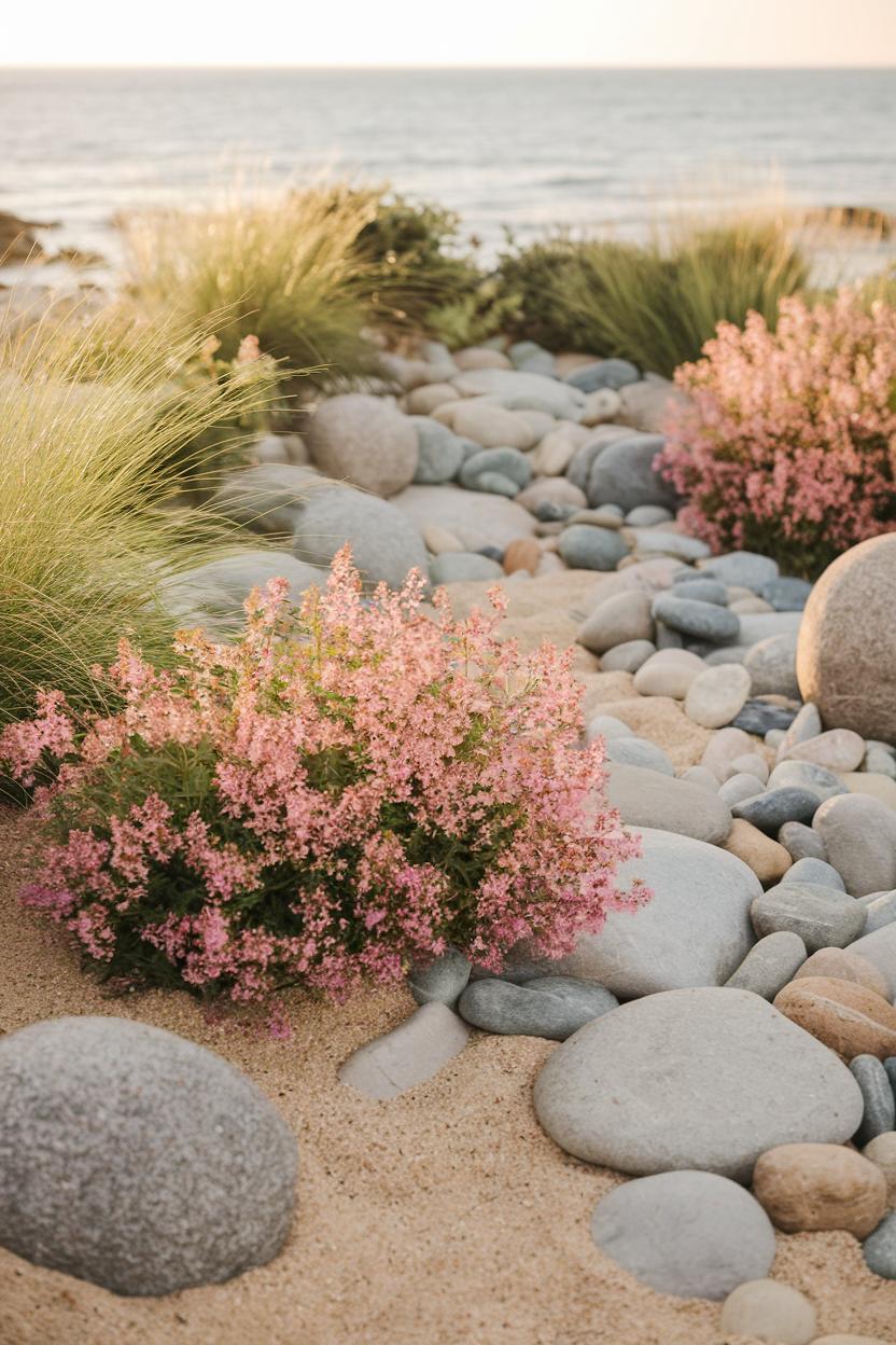 A coastal garden with a serene natural aesthetic is characterized by a harmonious blend of soft sand smooth pebbles and large rounded stones. It 1