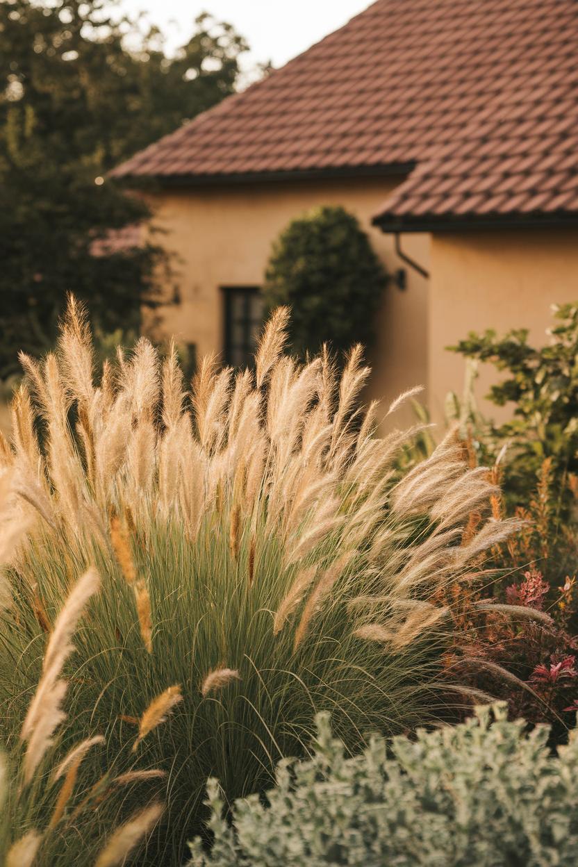 Tall ornamental grasses sway beside a cozy cottage