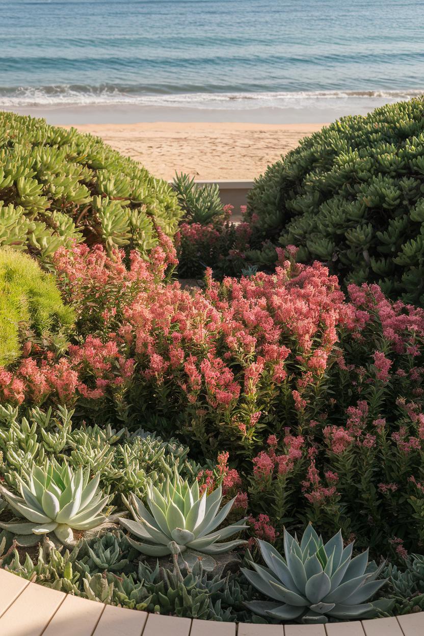 Lush coastal garden with pink and green foliage near the shore