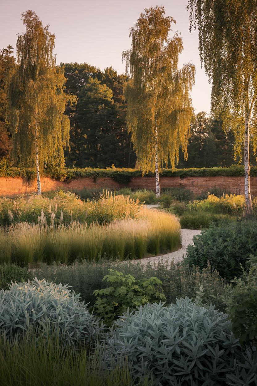 Serene garden with tall grasses and trees