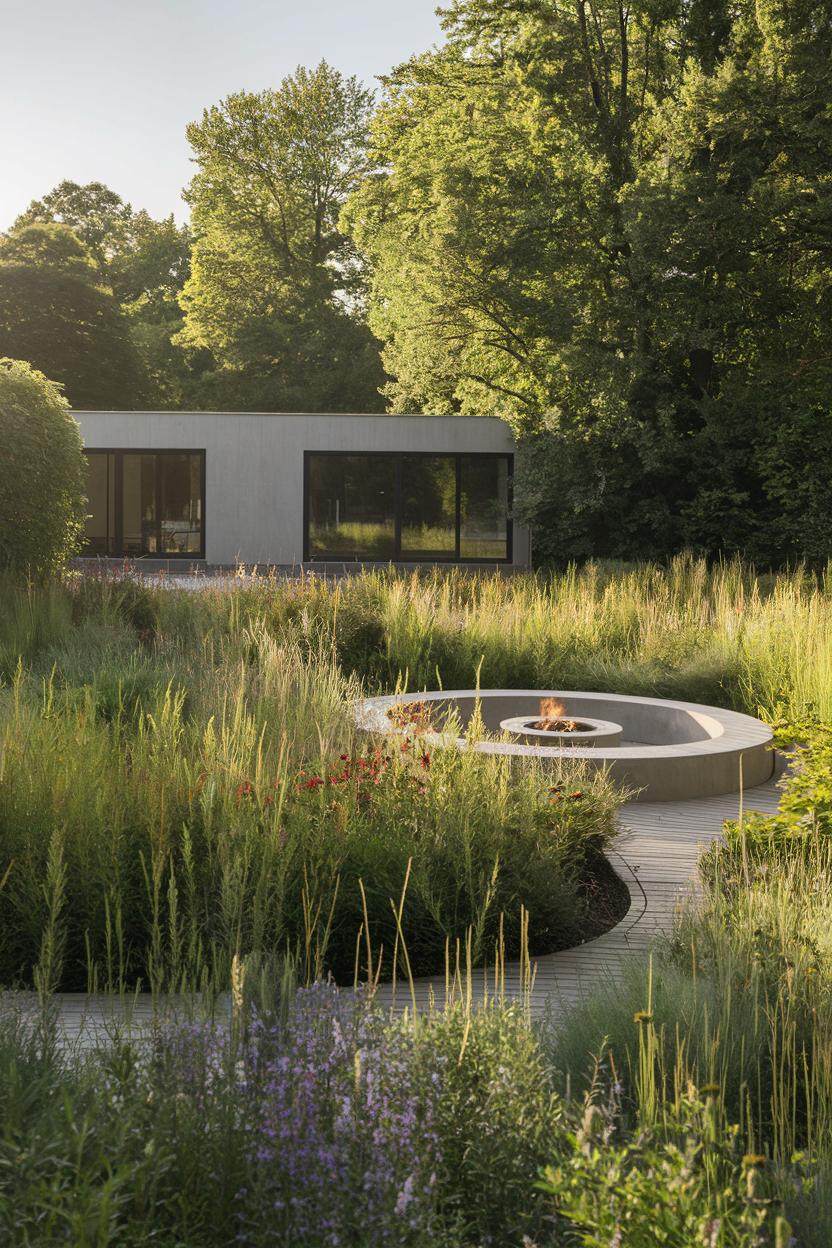 Modern house in a lush meadow with a circular outdoor seating area