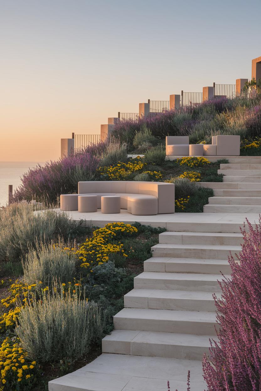 Coastal garden with stone steps and modern seating