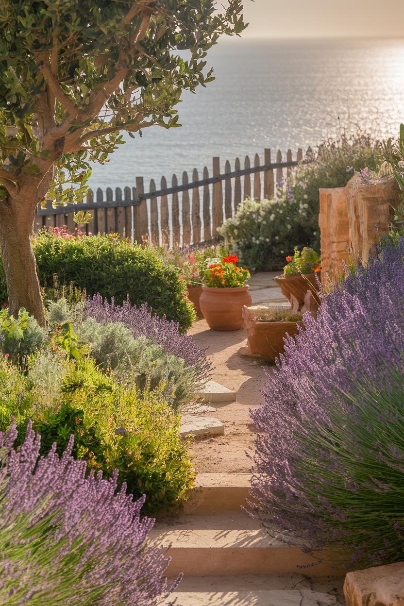 Lush coastal garden overlooking the sea with vibrant flowers