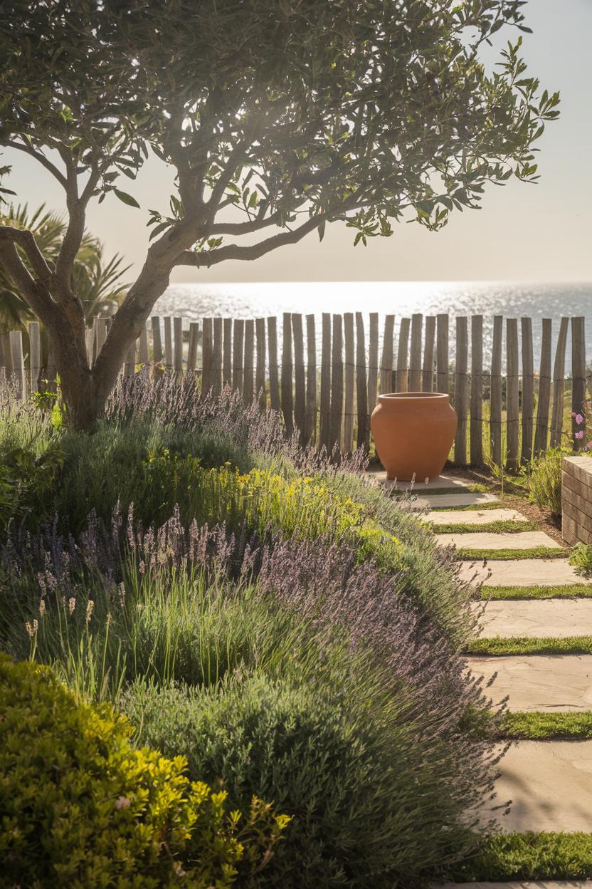 Pathway with lavender and a view of the ocean