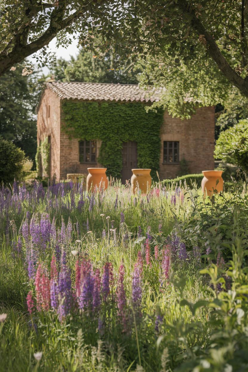 Wildflowers and a cottage under trees