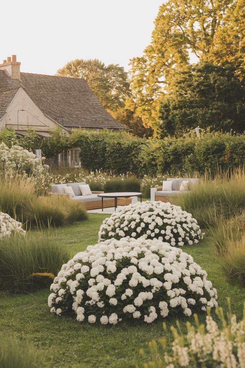 Charming garden with blooming white flowers and cozy seating