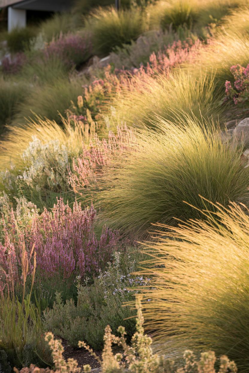 Soft golden grasses with a hint of pink wildflowers