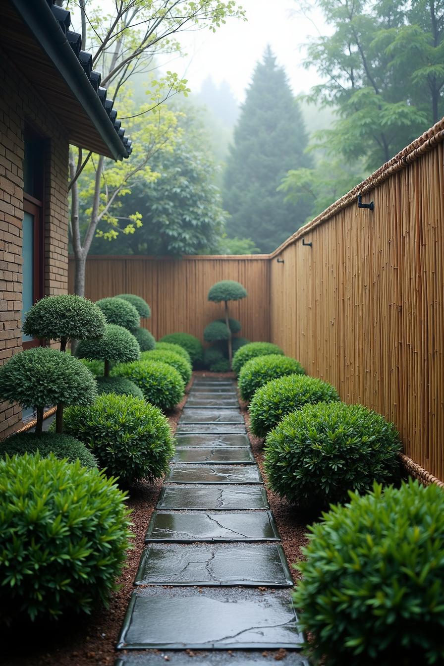 Lush garden with manicured shrubs along a stone path