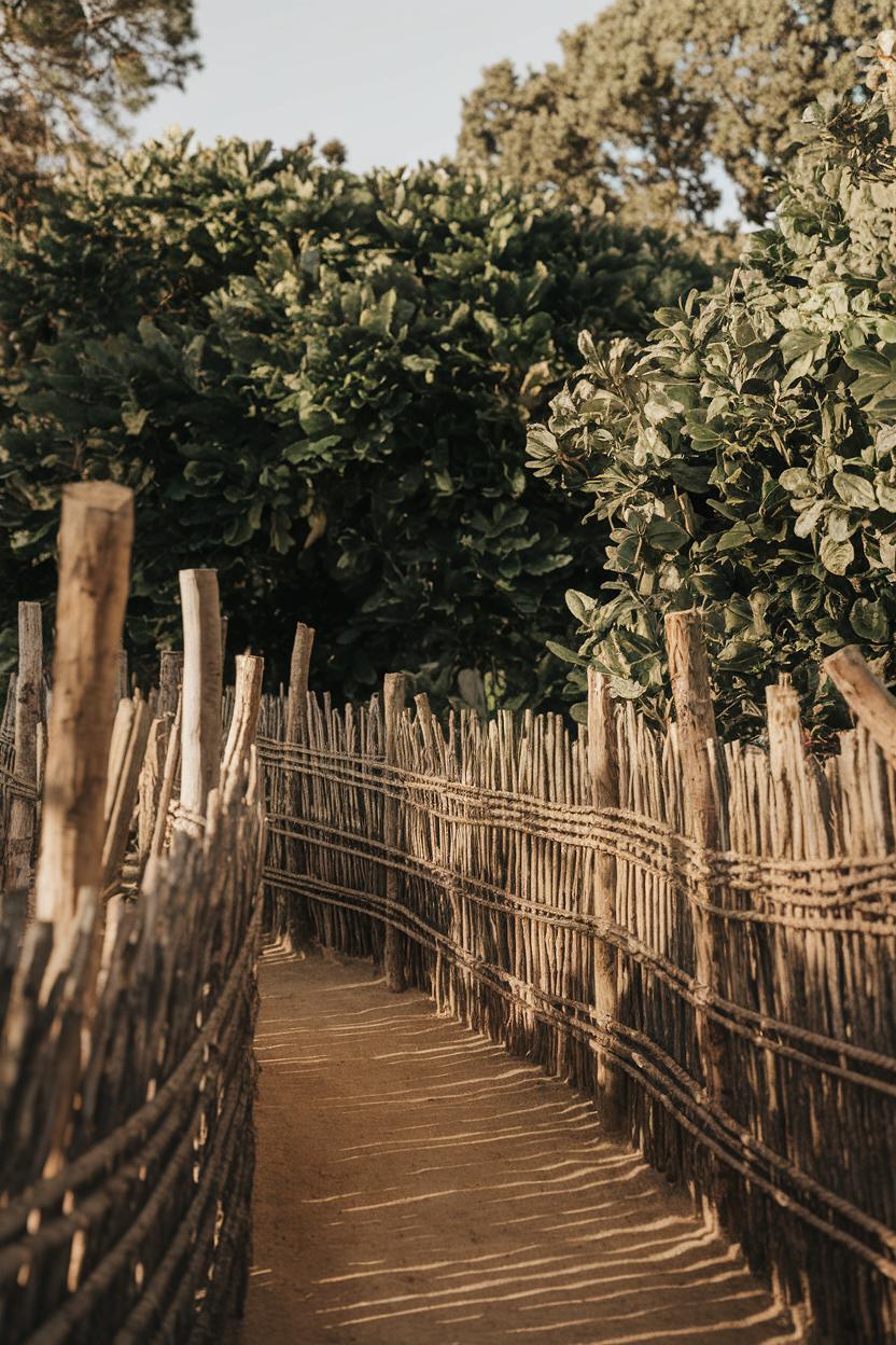 Woven twig fence path with leafy surroundings