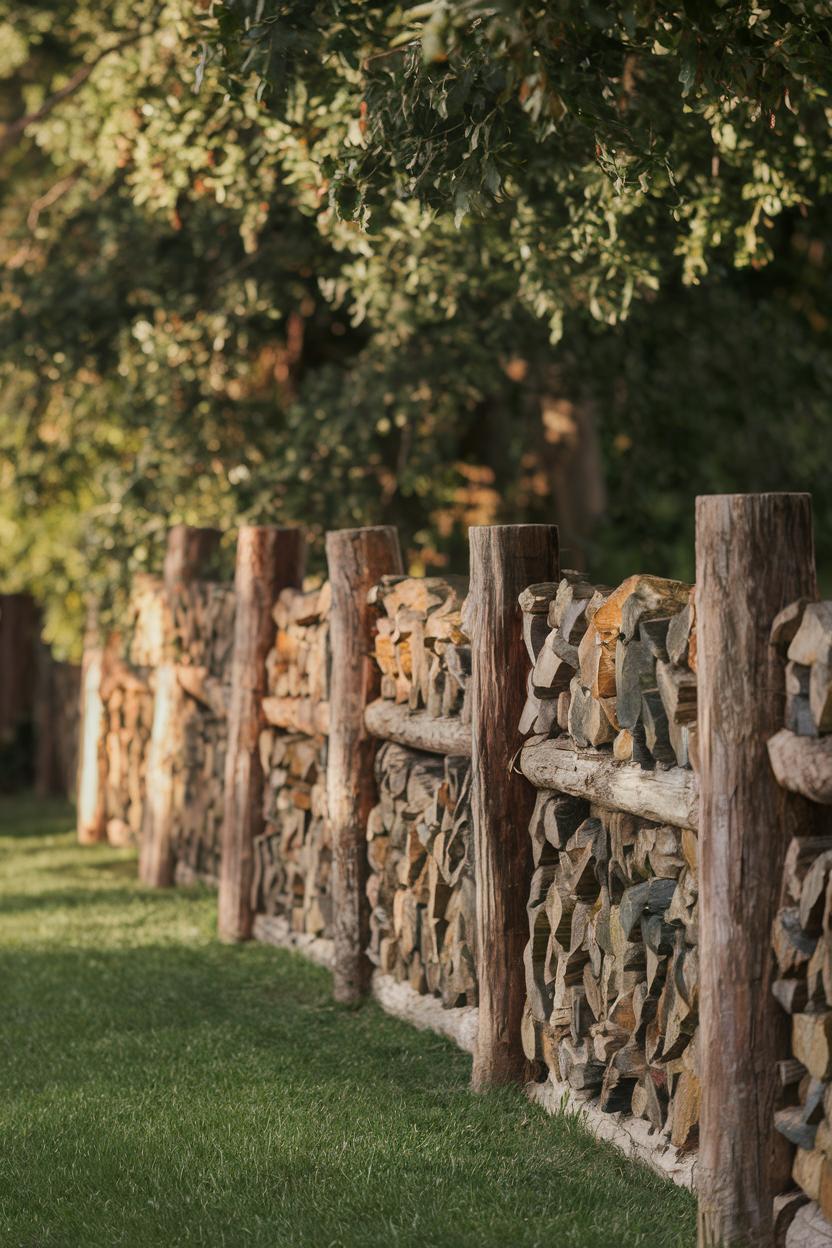 Logs stacked between wooden posts with green foliage overhead