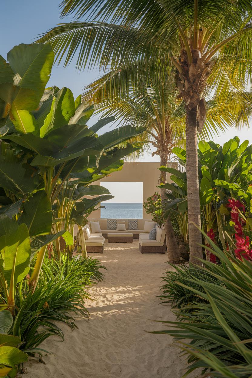 Tropical garden leading to a cozy ocean view seating area