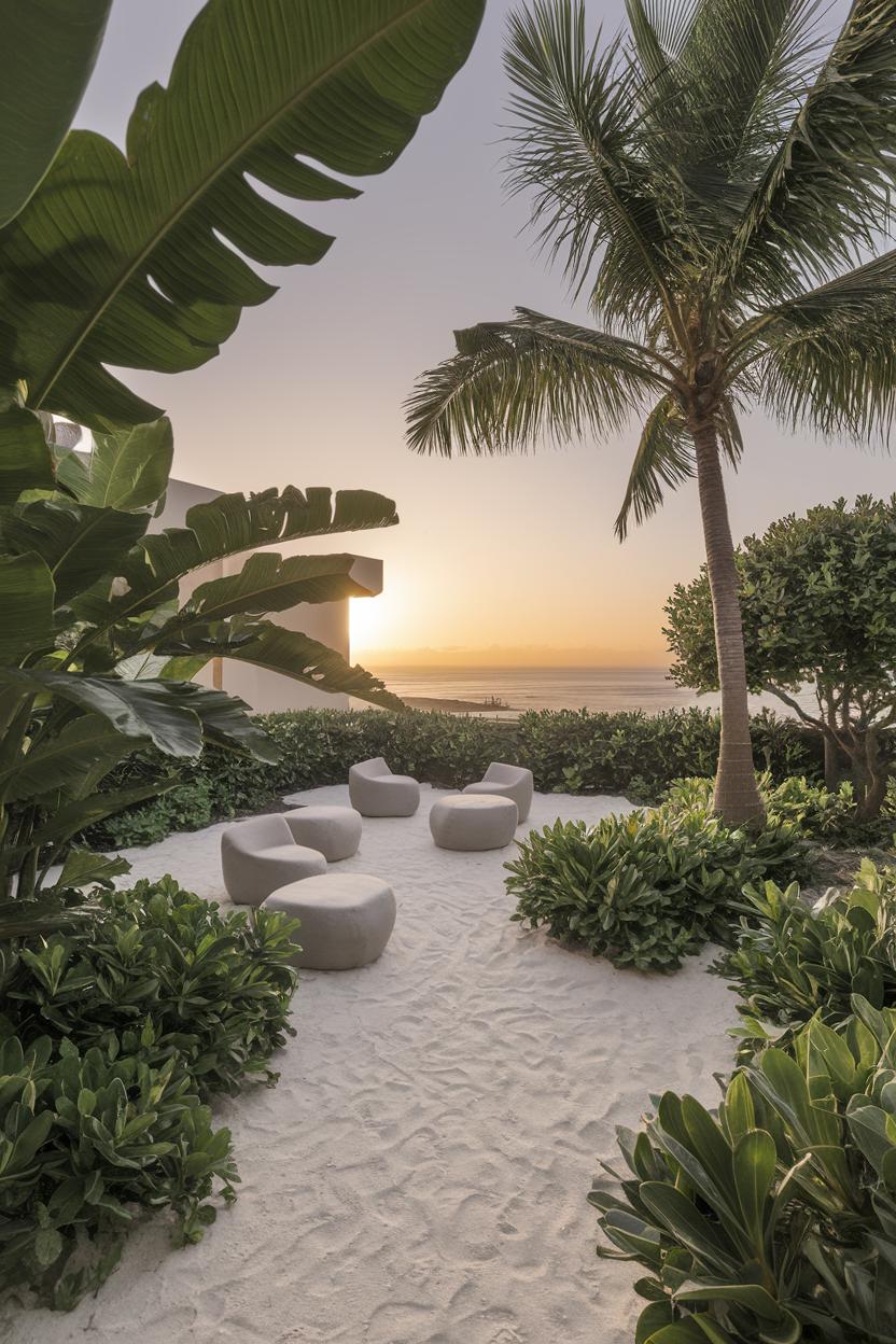 Cozy garden with sand and seats overlooking the ocean at sunset