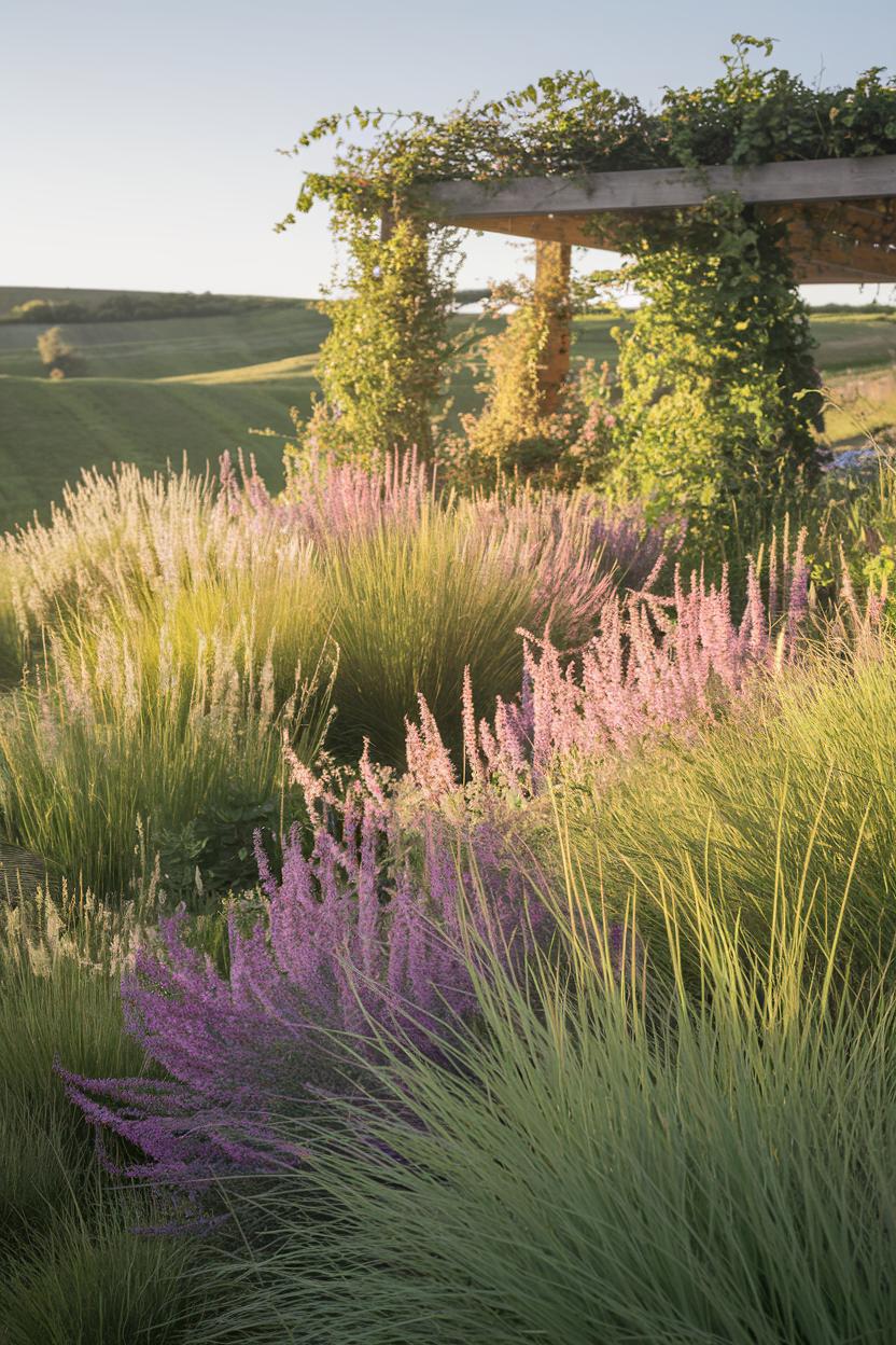 Pergola draped in vines amidst lavender blooms