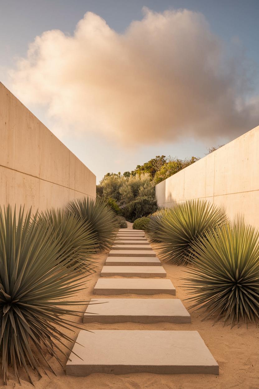 Pathway with large stepping stones and desert plants