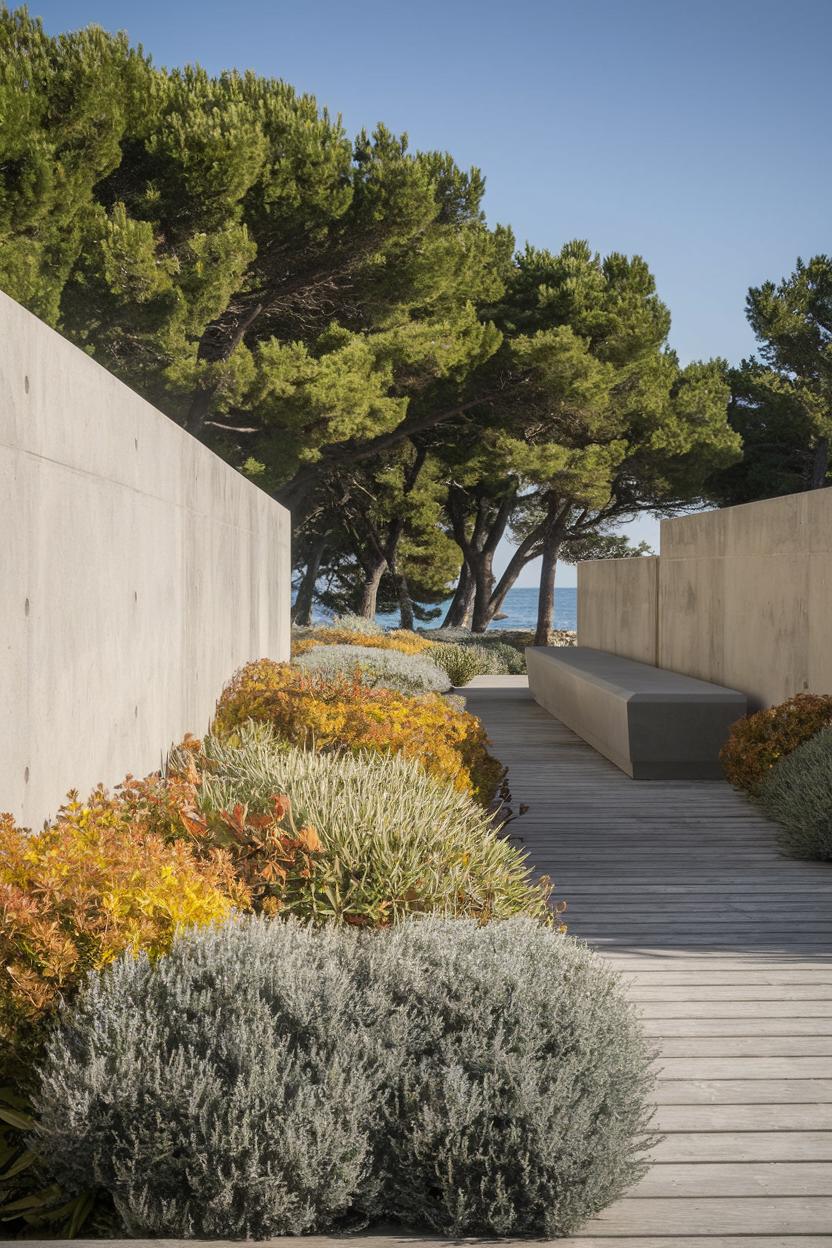 Concrete pathway lined with lush coastal plants and trees