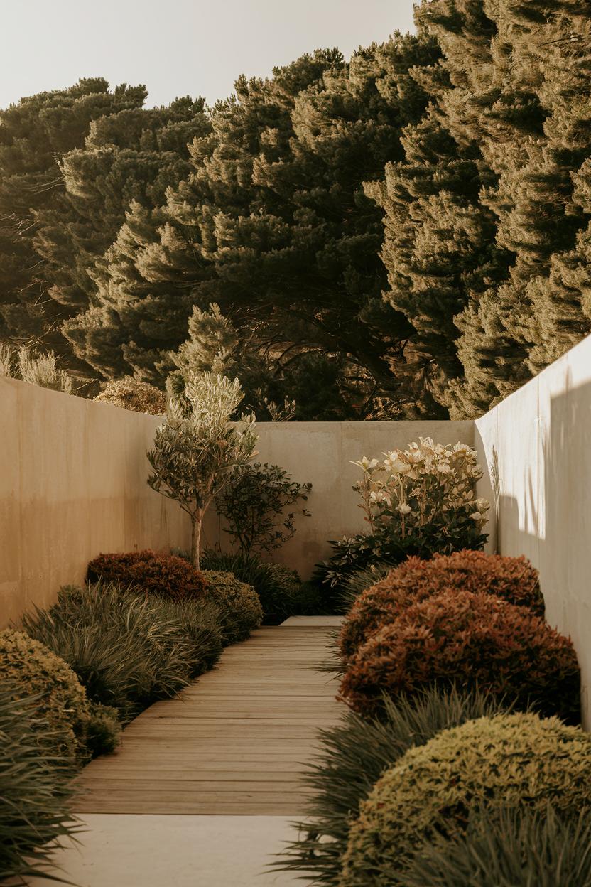 Lush garden path surrounded by greenery and trees