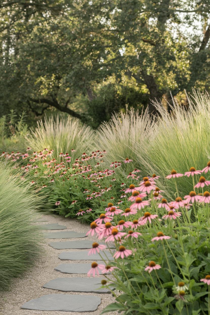 Stone path through wildflowers and grasses in a lush garden