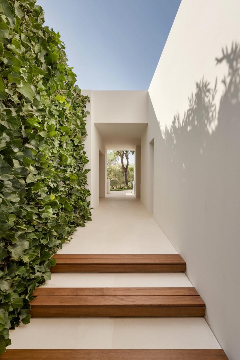 Entrance with Greenery and Wooden Steps